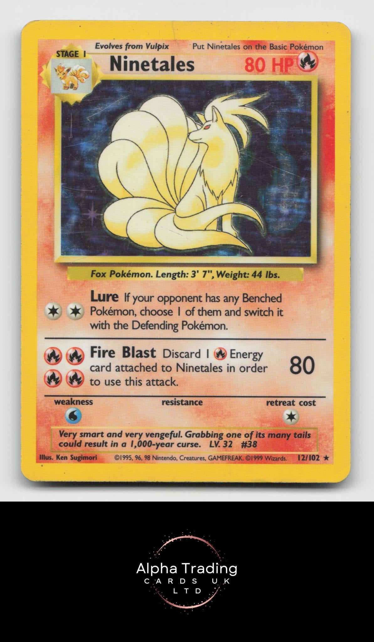 Ninetales 12/102 Holo Rare Base Set Unlimited Pokemon Heavily Played/Crease