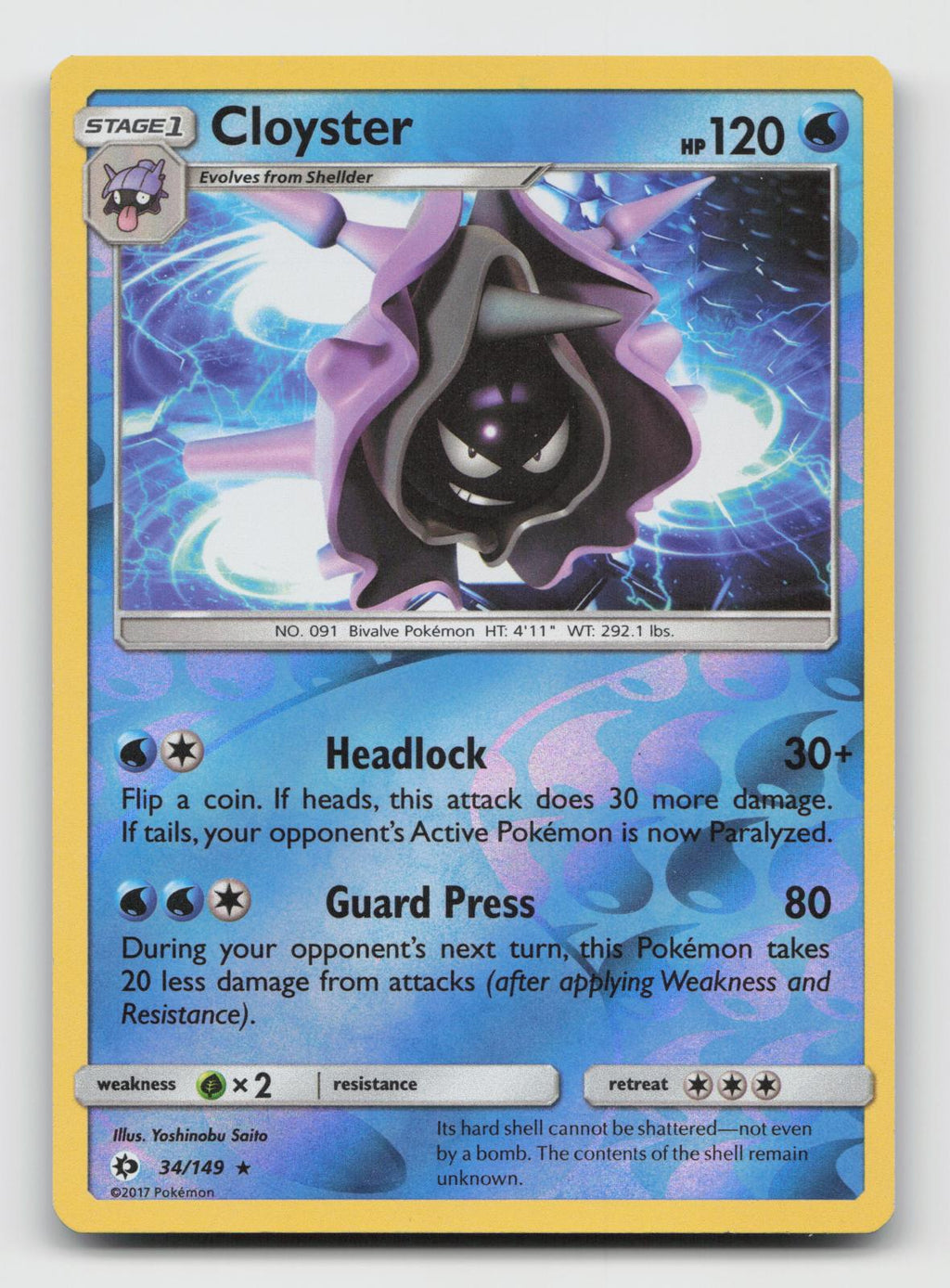 Cloyster 34/149 Rare SM Base Set Pokemon Reverse Holo Near Mint