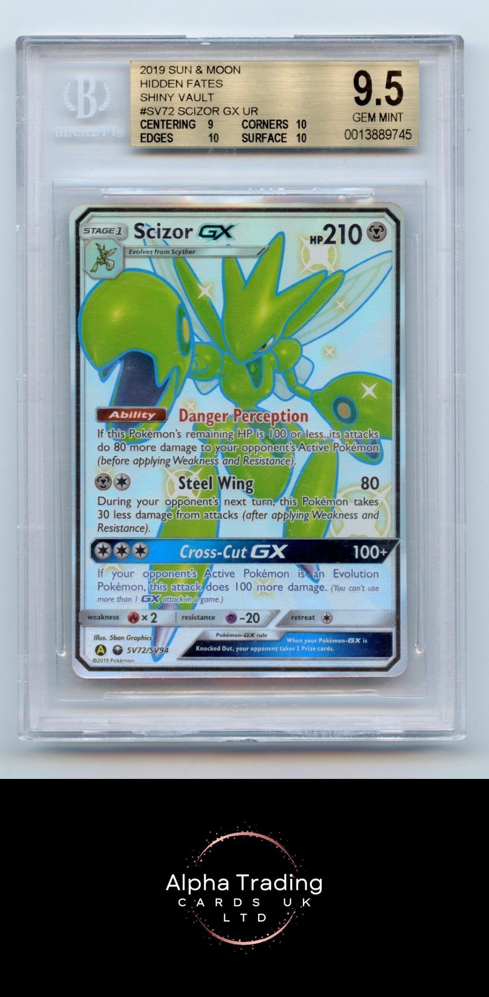 Scizor Gx Ur SV72 Sun And Moon Hidden Fates Shiny Vault Pokemon BGS 9.5 Gold