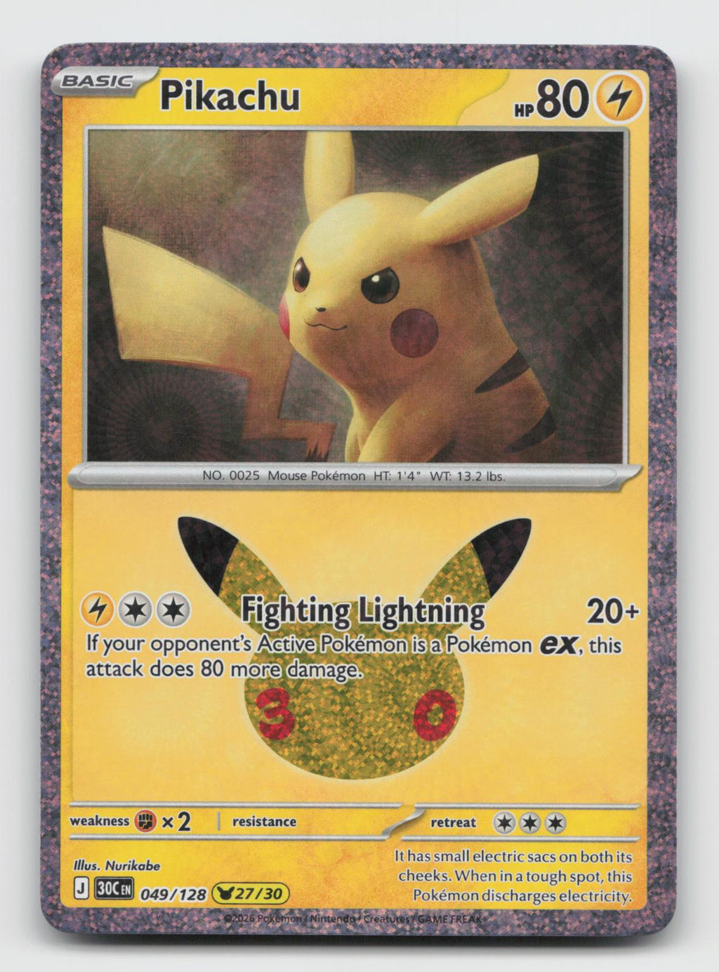 Pikachu 049/128 Holo Pikachu Rare ME: 30th Celebration Pokemon Near Mint
