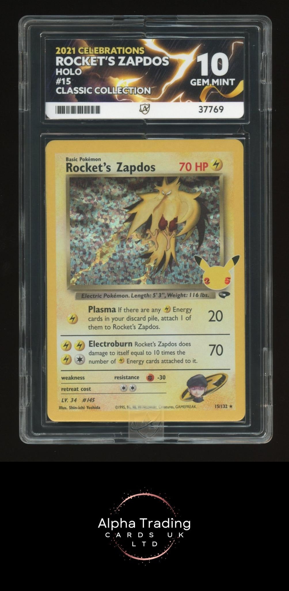 Rocket's Zapdos 15/132 Celebrations Pokemon ACE 10 Gem Mint