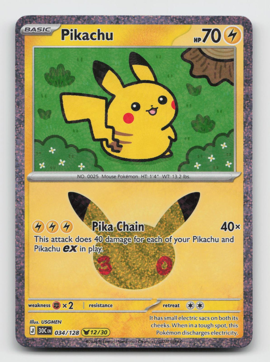 Pikachu 034/128 Holo Pikachu Rare ME: 30th Celebration Pokemon Near Mint